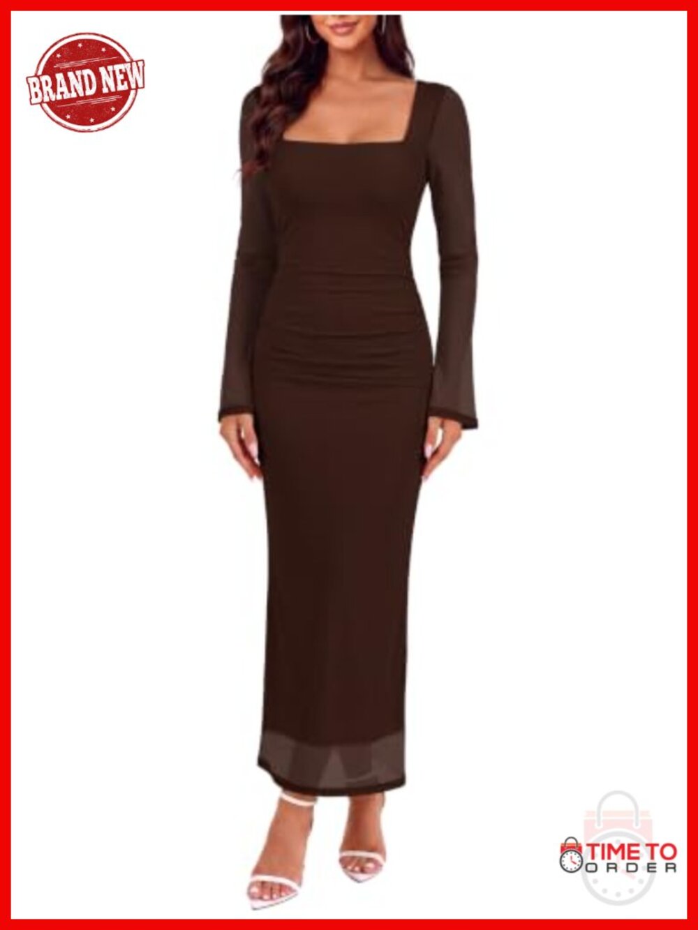 Womens Long Sleeve Mesh Ruched Bodycon Maxi Formal Dress